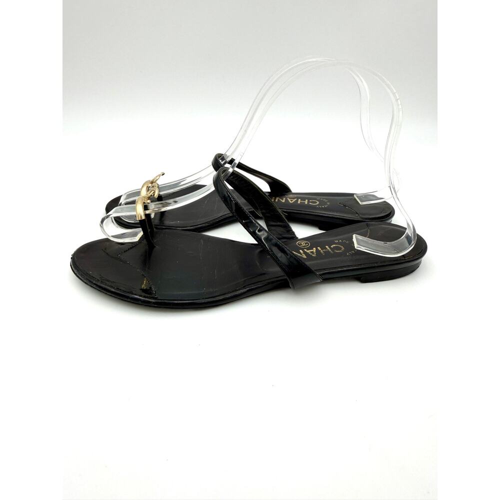 Chanel Toe Ring Sandal Black Leather Gold Interlocking CC Logo Size 39.5 / 9.5 - Picture 5 of 15